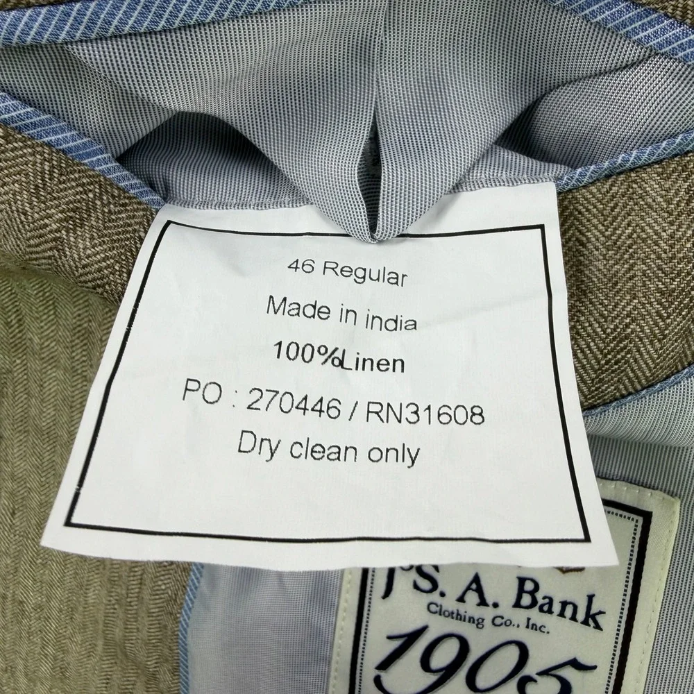 Jos a Bank 1905 Blazer Mens 46R Brown Linen Herringbone Tailored Fit Sport Coat